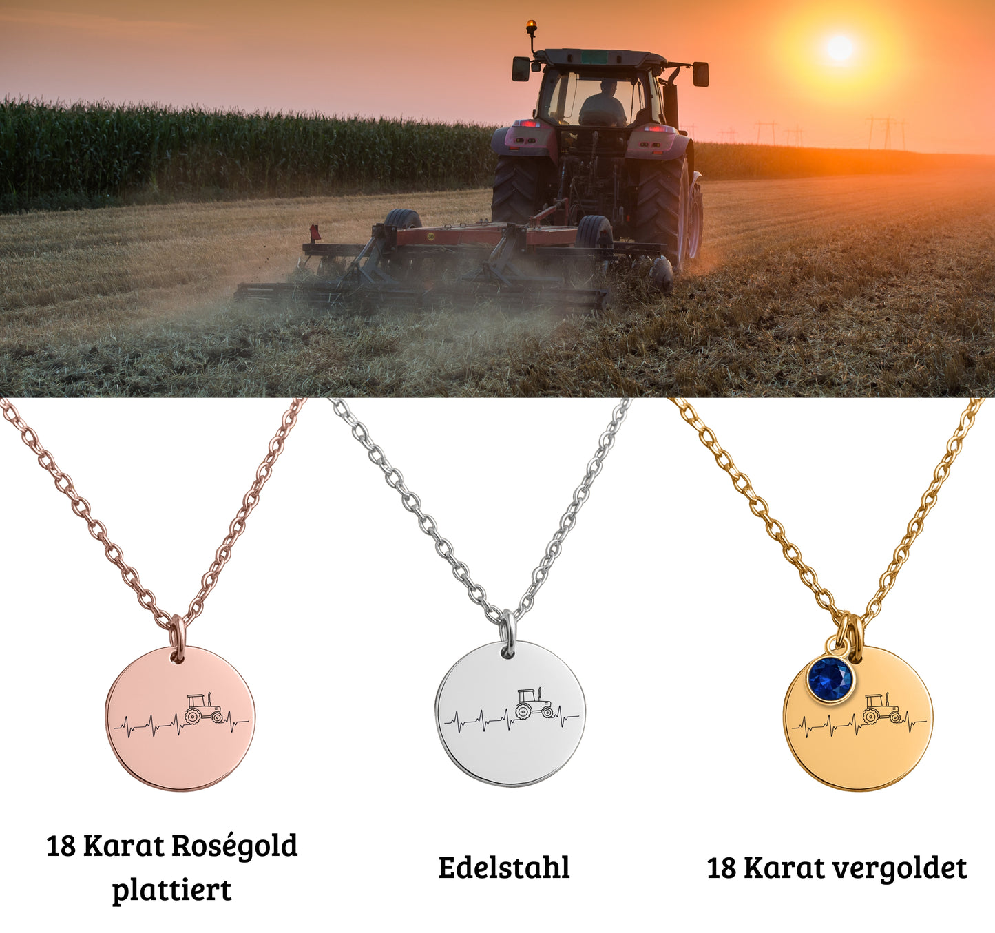 Personalisierte Traktor Halskette mit Geburtsstein aus Edelstahl mit Gravur – perfektes Geschenk für Bäuerinnen. 20x20 mm Herzanhänger mit detailreichem Traktor-Design, 9x6 mm Geburtsstein. Persönliche Gravur auf der Rückseite möglich. In 18 Karat vergoldet, rosévergoldet oder Stahlsilber erhältlich. 45+5 cm Kette – symbolisiert Liebe zum Landleben und Landwirtschaft. Bauernhof-Schmuck mit Präzisions-Lasergravur, langlebig und hautfreundlich.