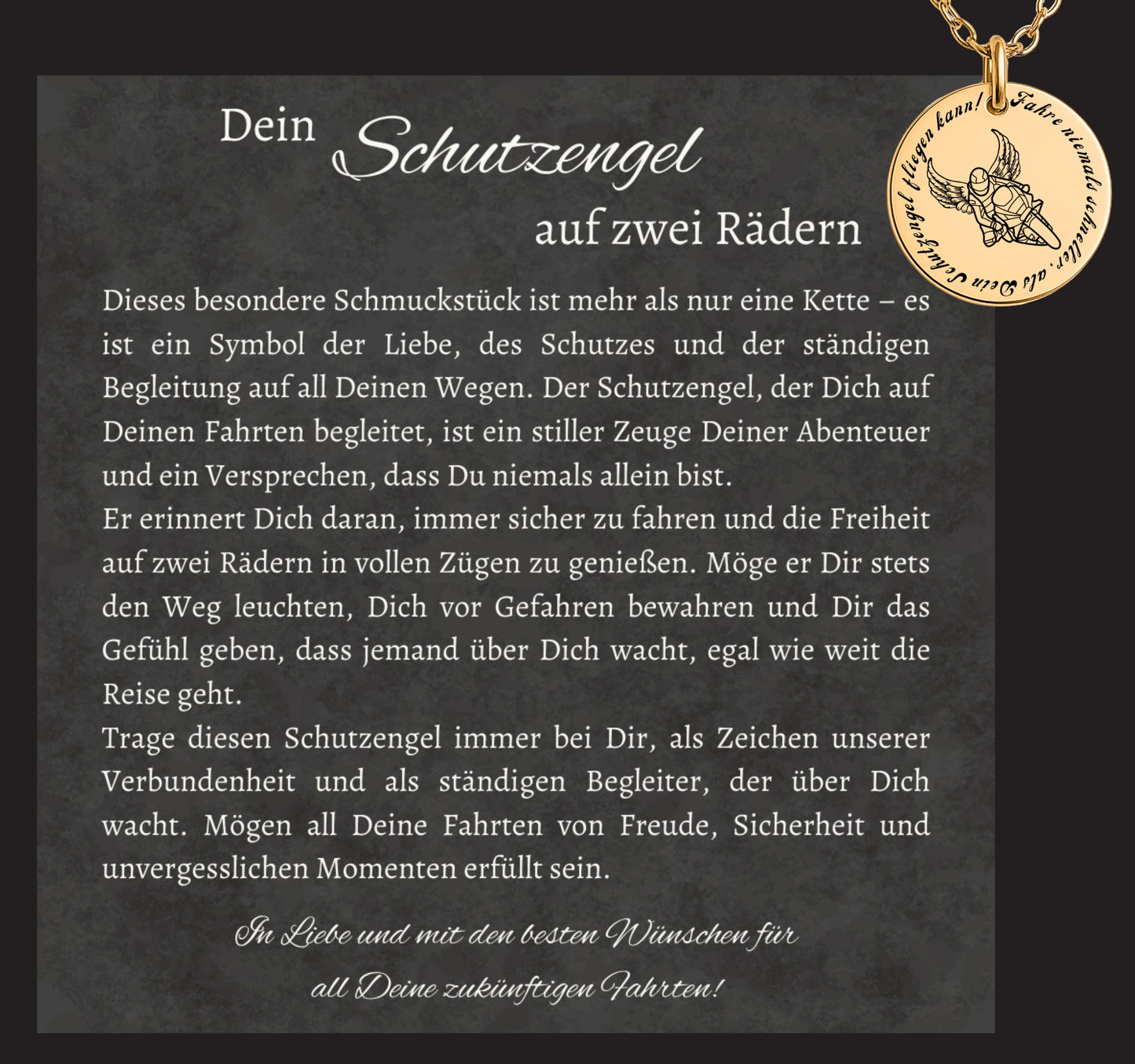 Motorrad Schutzengel Halskette mit Gravur – personalisiertes Führerschein Geschenk für Biker aus Edelstahl mit Geburtsstein. „Fahre niemals schneller, als dein Schutzengel fliegen kann!“ Optional mit farbigem Geburtsstein und individueller Gravur auf der Rückseite. Geschenkbox mit Grußkarte „Dein Biker Schutzengel“. Ideal als Geschenk für Führerschein bestanden, Geburtstag oder als Glücksbringer für Motorradfahrer. Hochwertig, langlebig und symbolisch – ein echter Biker-Schmuck mit Bedeutung.