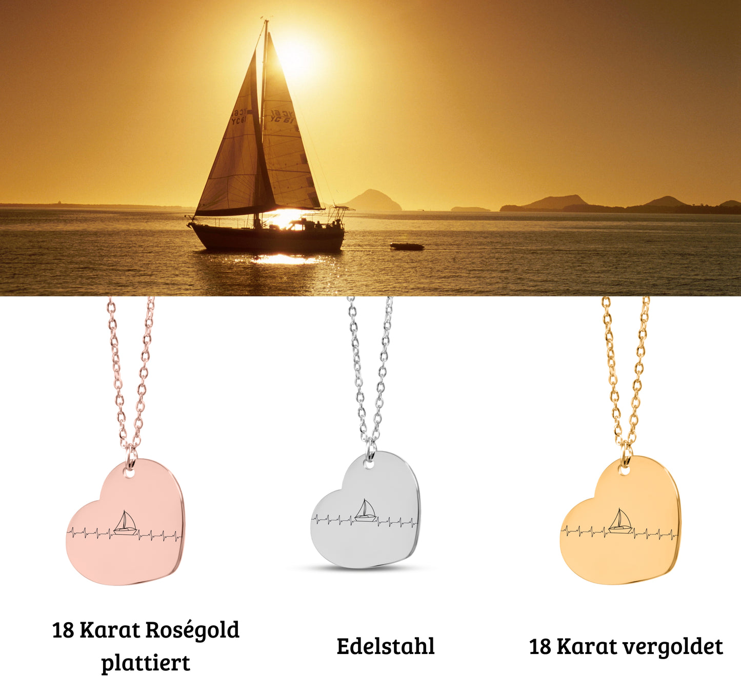 Herz-Halskette mit lasergraviertem Segelboot-Motiv im Herzschlag-Stil, präsentiert in einer schwarzen Geschenkbox mit blauem Hintergrund und poetischen Texten über Wind, Meer und Liebe. Der Anhänger ist herzförmig, 20 x 25 mm groß, aus Edelstahl in Silber, 18 Karat rosègoldplattiert oder 18 Karat vergoldet. Die Kette ist 45 cm lang, mit 5 cm Verlängerung. Ideal als personalisiertes Liebesgeschenk oder zu Weihnachten.
