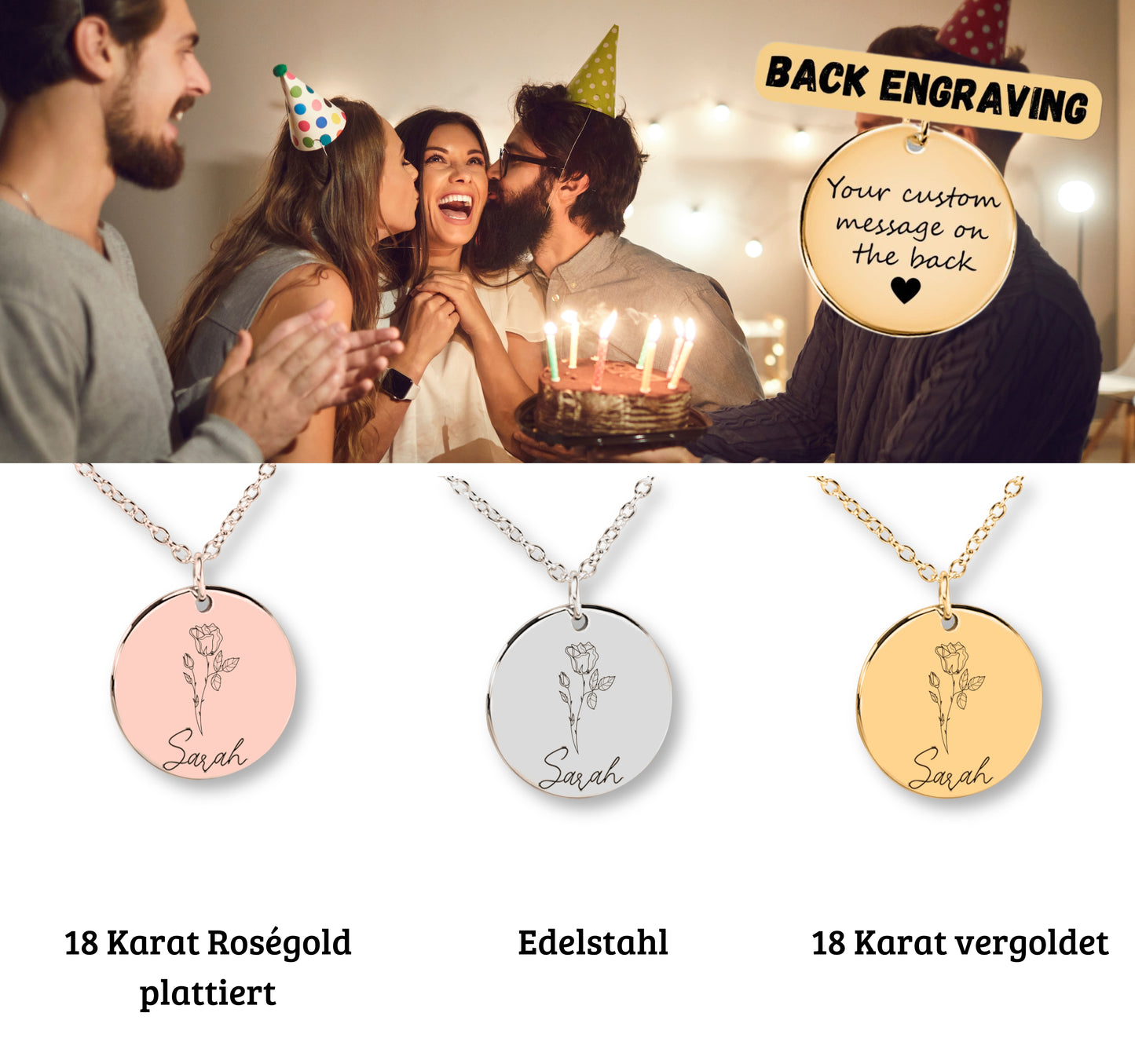 Personalisierte Geburtsblume Namenskette aus hochwertigem Edelstahl (Gold, Rosegold, Silber) mit individueller Gravur von Geburtsblume und Name. Ein bedeutungsvolles Geschenk für Töchter zu besonderen Anlässen wie Taufe, Konfirmation, Auszug oder als liebevolle Erinnerung an die elterliche Liebe. Hypoallergen, anlaufbeständig und geschenkfertig verpackt. Zeigt die Schönheit und Personalisierung des Schmuckstücks.