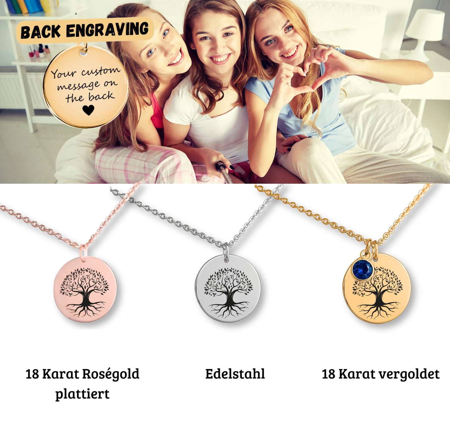 Personalisierte Jugendweihe-Kette mit Anhänger in 3 Varianten, mit graviertem Baumes des Lebens und farbigem Geburtsstein, präsentiert in eleganter schwarzer Geschenkbox mit herausnehmbarer Karte. Ideal als Geschenk zur Jugendweihe für Mädchen von Eltern, Großeltern oder Paten.
