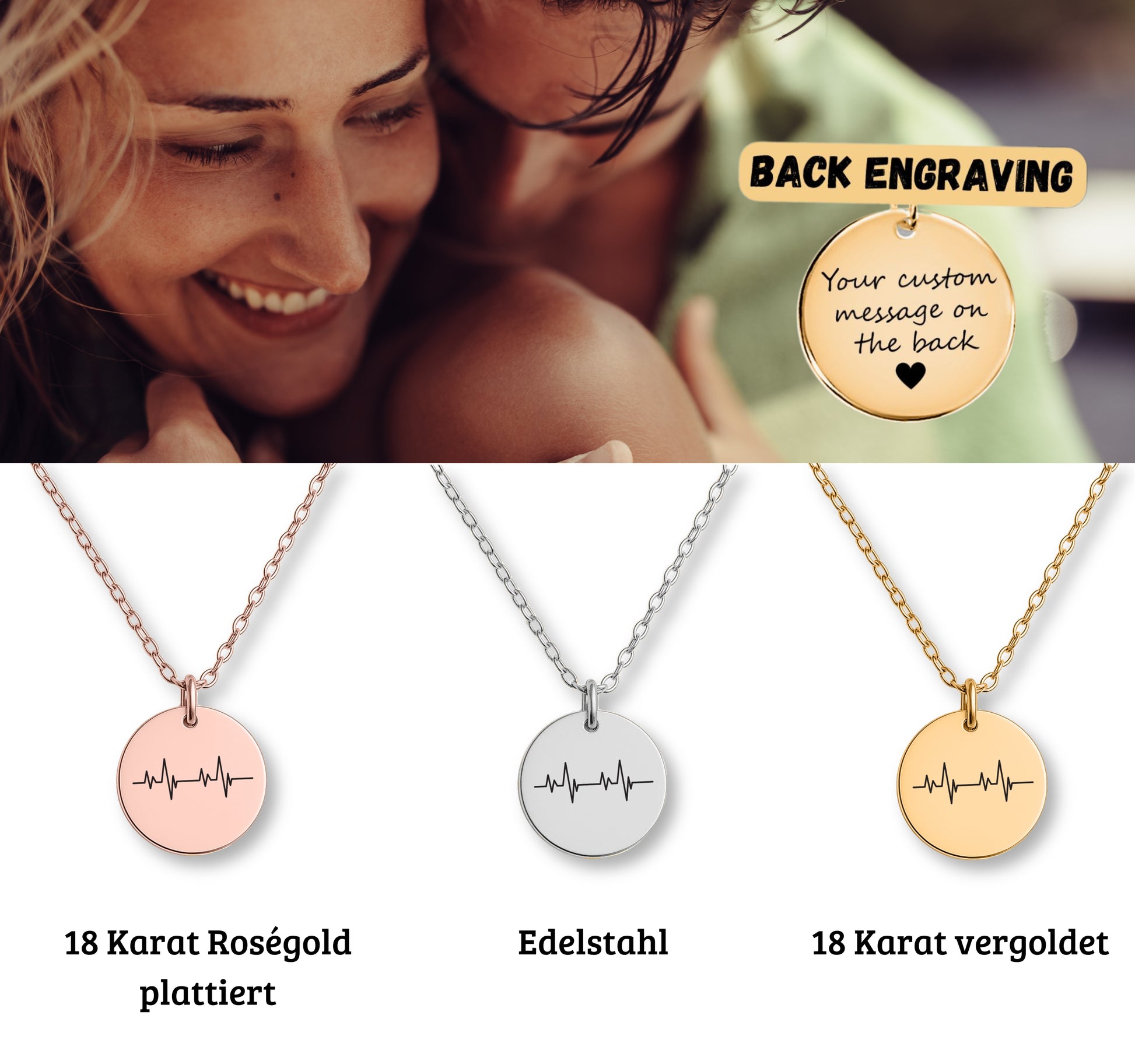Personalisierte Herzschlag Kette aus Edelstahl in Gold, Silber oder Roségold. Der runde Anhänger mit feiner Herzschlag-Gravur symbolisiert Liebe und Verbundenheit. Geliefert in edler Schmuckbox mit romantischer Karte – ideales Geschenk für Freundin, Ehefrau oder Partner, perfekt zu Weihnachten, Valentinstag oder als Liebesgeschenk.