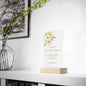 Personalisierte Acryl-Dankestafel mit Buchenholzsockel als Geschenk für Ärzte – mit zartem Blumenmuster und optionaler warmweißer LED-Beleuchtung, ideal als Danksagung an Kinderarzt oder medizinisches Team.