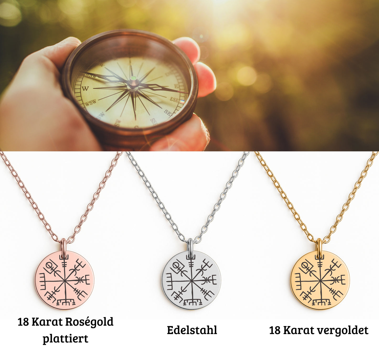 Personalisierte Vegvisir-Halskette aus 18-karätig vergoldetem Edelstahl, inkl. schwarzer Geschenkbox mit romantischer Botschaft an eine „Schildmaid“. Der runde Anhänger zeigt das nordische Vegvisir-Symbol – Sinnbild für Schutz und Orientierung. Die Kette umschließt den Anhänger stilvoll. Die Message unterstreicht Liebe, Stärke und gemeinsame Wege. Ein ideales Geschenk für starke Frauen, die nordische Mythologie lieben – perfekt zum Geburtstag, Jahrestag oder als Zeichen tiefer Verbundenheit.