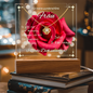 LED-Acryltafel mit Liebesbotschaft auf roter Rose, Holzsockel und Love Knot;-Halskette aus Edelstahl mit 14 Karat Weißgold oder 18 Karat Gelbgold, Zirkonia-Anhänger, perfekt als Valentinstag Geschenk für sie. 2 Varianten Kabel- oder Batteriebetrieb.
