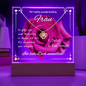 LED-Acryltafel mit Liebesbotschaft auf roter Rose, Holzsockel und Love Knot;-Halskette aus Edelstahl mit 14 Karat Weißgold oder 18 Karat Gelbgold, Zirkonia-Anhänger, perfekt als Valentinstag Geschenk für sie. 2 Varianten Kabel- oder Batteriebetrieb.