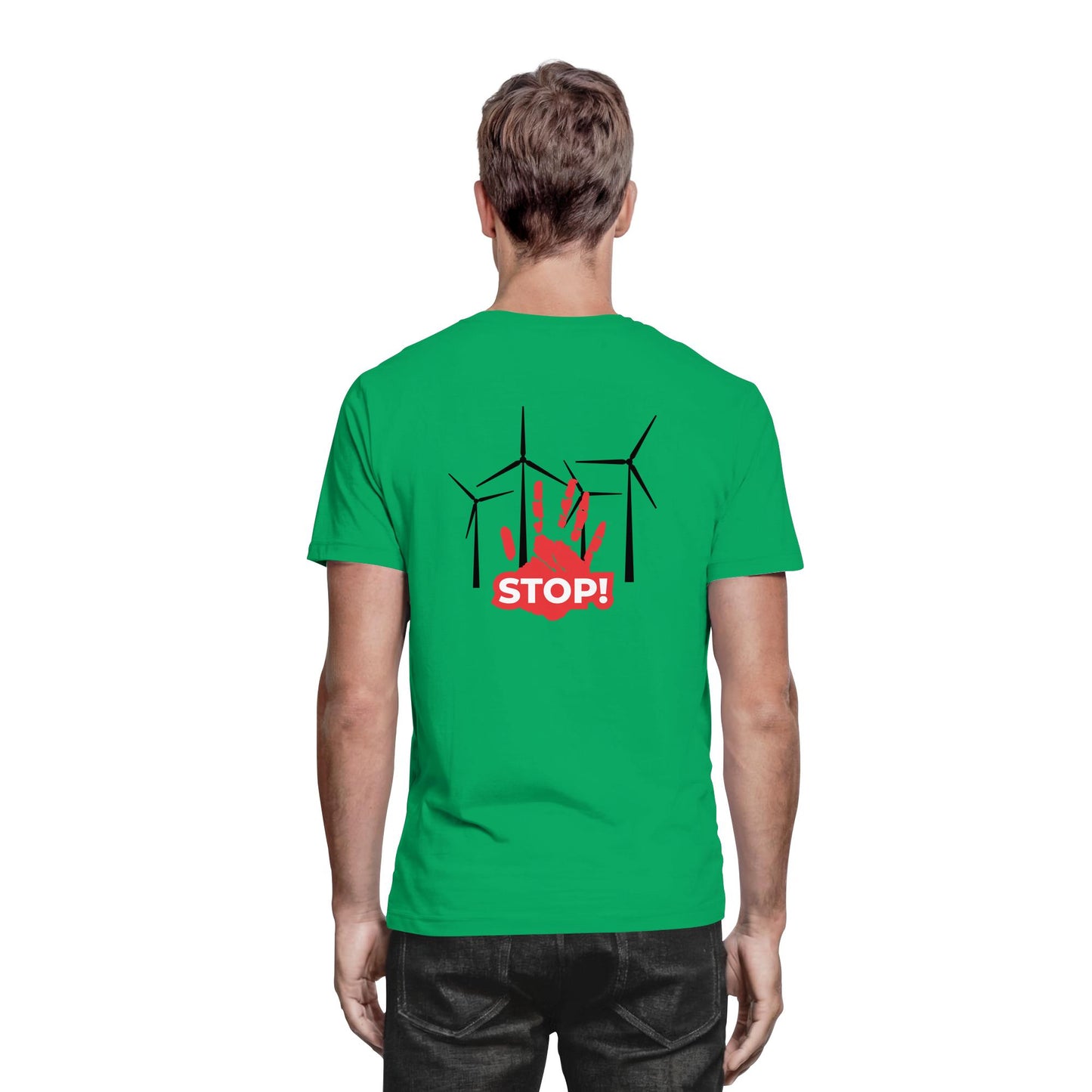 Premium Shirt mit Motiv aus 4 Windrädern und einer roten Hand mit dem Schriftzug „STOP!“ davor; Statement-Shirt aus 100 % Baumwolle, Regular Schnitt, klares Zeichen gegen Windkraftanlagen, gegen Windkraft im Wald, für Windpark Gegner und Kritiker der Stromerzeugung durch Windkraft.; Windkraftanlage,
gegen Windkraft im Wald,
gegen Windkraftanlagen,
Windpark Gegner,
Stromerzeugung Windkraft,