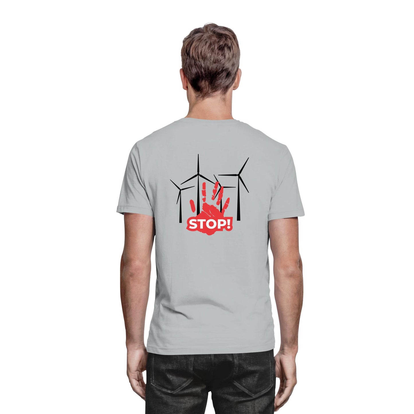 Premium Shirt mit Motiv aus 4 Windrädern und einer roten Hand mit dem Schriftzug „STOP!“ davor; Statement-Shirt aus 100 % Baumwolle, Regular Schnitt, klares Zeichen gegen Windkraftanlagen, gegen Windkraft im Wald, für Windpark Gegner und Kritiker der Stromerzeugung durch Windkraft.; Windkraftanlage,
gegen Windkraft im Wald,
gegen Windkraftanlagen,
Windpark Gegner,
Stromerzeugung Windkraft,