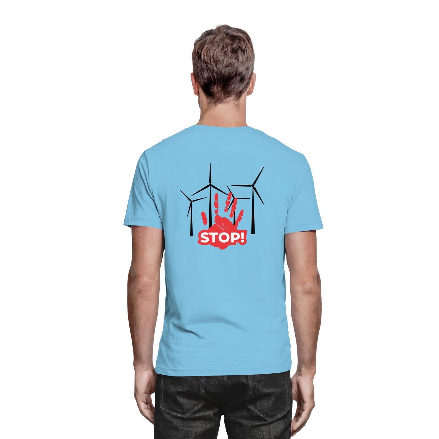 Premium Shirt mit Motiv aus 4 Windrädern und einer roten Hand mit dem Schriftzug „STOP!“ davor; Statement-Shirt aus 100 % Baumwolle, Regular Schnitt, klares Zeichen gegen Windkraftanlagen, gegen Windkraft im Wald, für Windpark Gegner und Kritiker der Stromerzeugung durch Windkraft.; Windkraftanlage,
gegen Windkraft im Wald,
gegen Windkraftanlagen,
Windpark Gegner,
Stromerzeugung Windkraft,