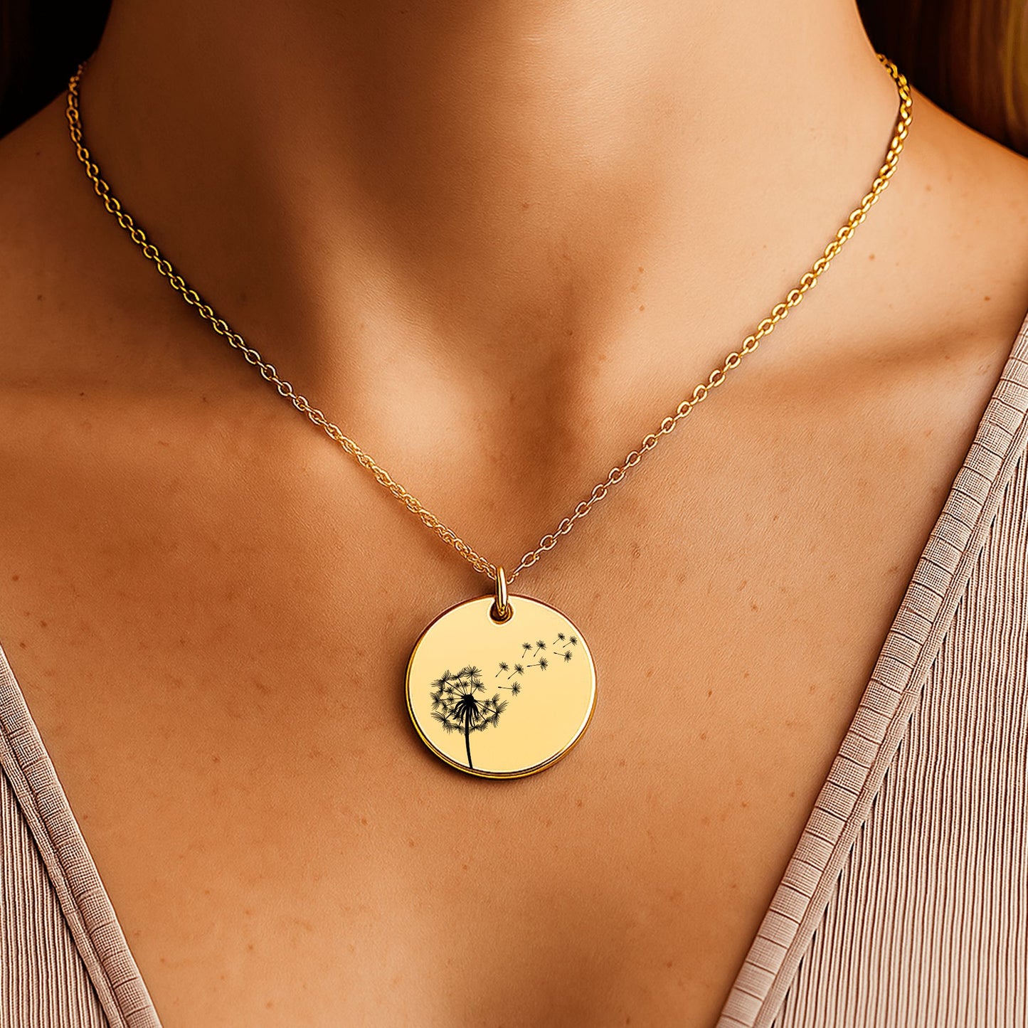 Eine gold Halskette mit runden Anhänger, auf dem eine fein gravierte Windblume abgebildet ist, liegt auf einer weißen Grußkarte in einer schwarzen Schmuckbox. Die Karte trägt die Nachricht: „Liebe Mama – Ohne Dich wäre ich nicht der Mensch, der ich...“ Daneben ist eine zarte Illustration einer Braut. Die 18K vergoldete Edelstahlkette ist 45 cm lang mit 5 cm Verlängerung. Ein emotionales Dankeschön-Geschenk für die Mutter der Braut, liebevoll verpackt und bereit zum Verschenken.