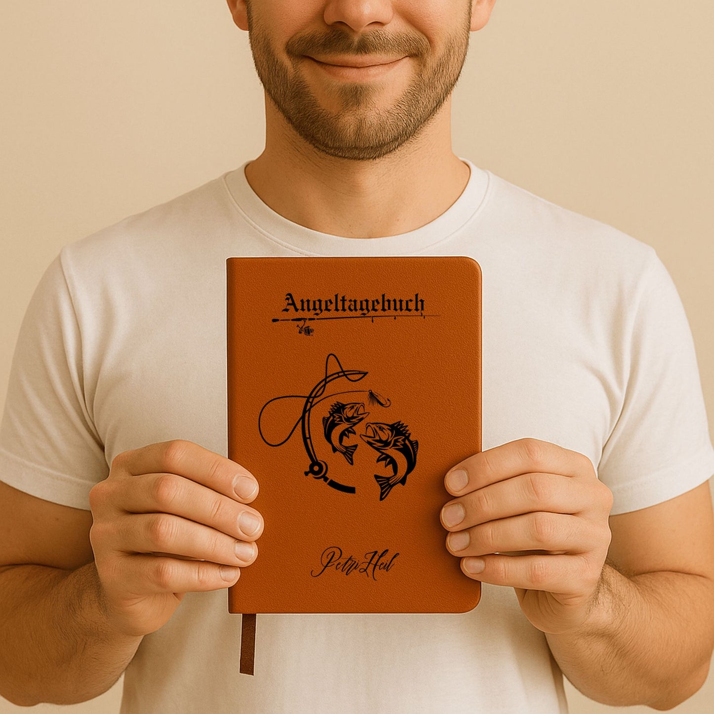 Personalisierbares Angeltagebuch im A5-Format, mit veganem Ledereinband, 200 linierte Seiten, elastischem Verschlussband und Lesezeichen. Perfektes Geschenk für Angler, ideal für Fangberichte und Angelabenteuer. Nachhaltig und stilvoll.