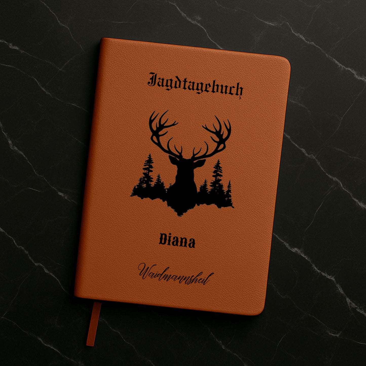 Jagdtagebuch "Weidmannsheil" aus veganem Leder mit 200 linierten Seiten, elastischem Verschlussband und Lesezeichen. Personalisierbar mit Deinem Namen. Perfekt für Jagderlebnisse und Erinnerungen – nachhaltig, hochwertig und handlich im A5-Format.