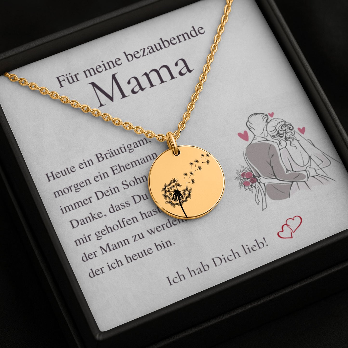 Hochwertige Edelstahl-Halskette für Bräutigam Mutter. Fein graviertes Blättchen mit Windblume, in Stahlsilber, 18K vergoldet, 18K rosé vergoldet. Perfektes Dankeschön-Geschenk, personalisierbar. Ideales Geschenk Mutter des Bräutigams, Sohn an Mama Geschenk oder Bräutigam Geschenk. Zeigt Wertschätzung für die Bräutigammutter. Elegante Bräutigam Mutter Halskette, die als Schmuck für Brautmutter, Schmuck für Bräutigam-Mutter dient. Inklusive Bräutigammama Karte und Mutter Bräutigam Danke.