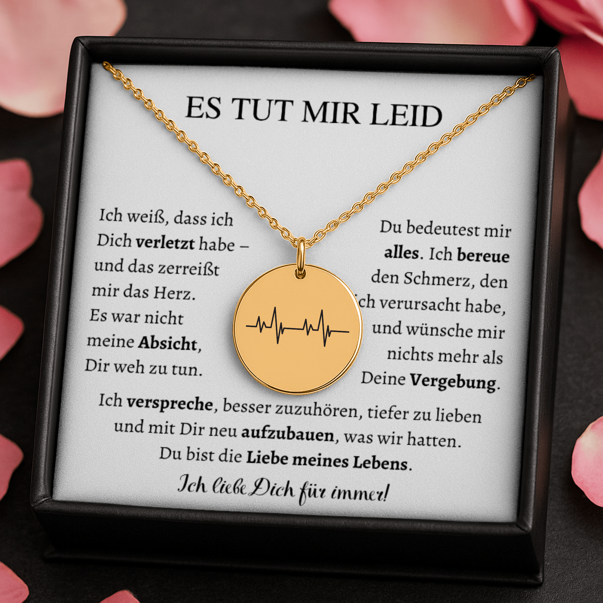 Personalisierte Herzschlag Kette mit Anhänger in Form eines Herzschlags, präsentiert in eleganter schwarzer Schmuckbox. Ideal als Geschenk zur Versöhnung für Partner, Freundin oder Ehefrau.
