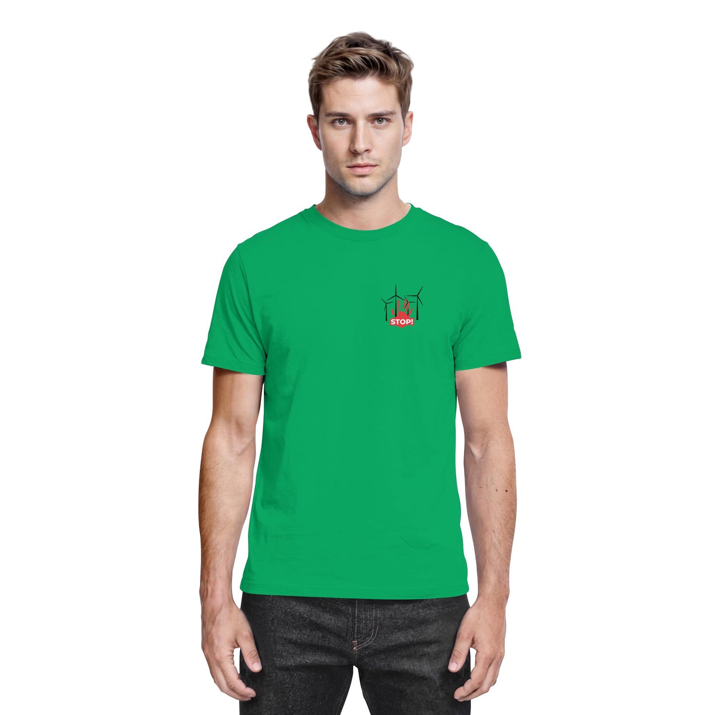 Premium Shirt mit Motiv aus 4 Windrädern und einer roten Hand mit dem Schriftzug „STOP!“ davor; Statement-Shirt aus 100 % Baumwolle, Regular Schnitt, klares Zeichen gegen Windkraftanlagen, gegen Windkraft im Wald, für Windpark Gegner und Kritiker der Stromerzeugung durch Windkraft.; Windkraftanlage,
gegen Windkraft im Wald,
gegen Windkraftanlagen,
Windpark Gegner,
Stromerzeugung Windkraft,
