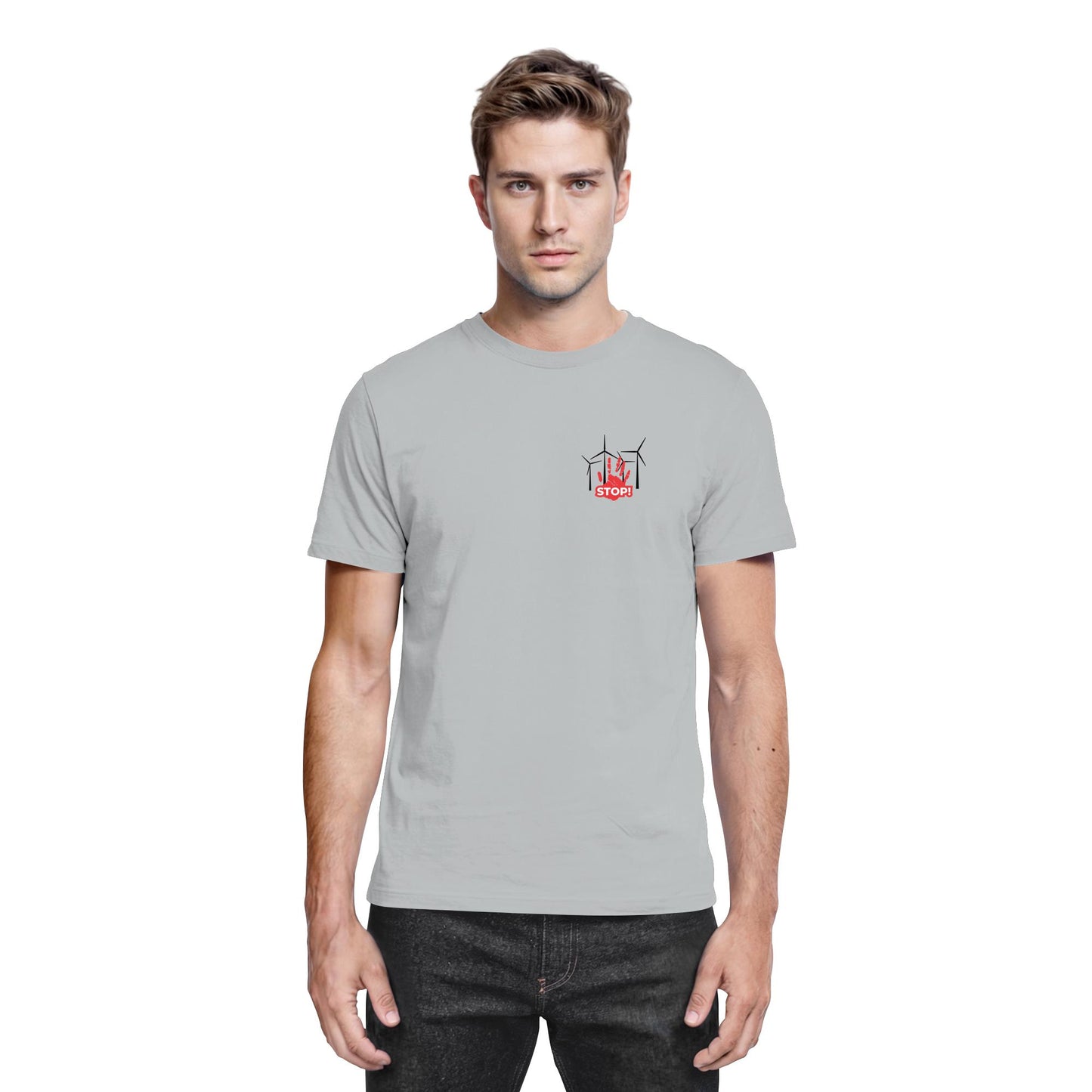 Premium Shirt mit Motiv aus 4 Windrädern und einer roten Hand mit dem Schriftzug „STOP!“ davor; Statement-Shirt aus 100 % Baumwolle, Regular Schnitt, klares Zeichen gegen Windkraftanlagen, gegen Windkraft im Wald, für Windpark Gegner und Kritiker der Stromerzeugung durch Windkraft.; Windkraftanlage,
gegen Windkraft im Wald,
gegen Windkraftanlagen,
Windpark Gegner,
Stromerzeugung Windkraft,