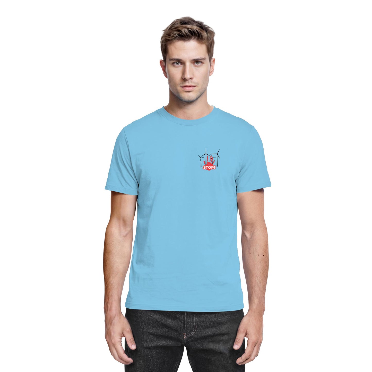 Premium Shirt mit Motiv aus 4 Windrädern und einer roten Hand mit dem Schriftzug „STOP!“ davor; Statement-Shirt aus 100 % Baumwolle, Regular Schnitt, klares Zeichen gegen Windkraftanlagen, gegen Windkraft im Wald, für Windpark Gegner und Kritiker der Stromerzeugung durch Windkraft.; Windkraftanlage,
gegen Windkraft im Wald,
gegen Windkraftanlagen,
Windpark Gegner,
Stromerzeugung Windkraft,