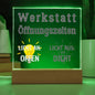 Schriftzug Werkstatt Öffnungszeiten, kurioses Arbeitsschild aus Acryl für Eingang und Ladenzeiten, Geschenkidee für Männer zur Einweihung