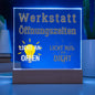 Schriftzug Werkstatt Öffnungszeiten, kurioses Arbeitsschild aus Acryl für Eingang und Ladenzeiten, Geschenkidee für Männer zur Einweihung