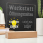 Schriftzug Werkstatt Öffnungszeiten, kurioses Arbeitsschild aus Acryl für Eingang und Ladenzeiten, Geschenkidee für Männer zur Einweihung