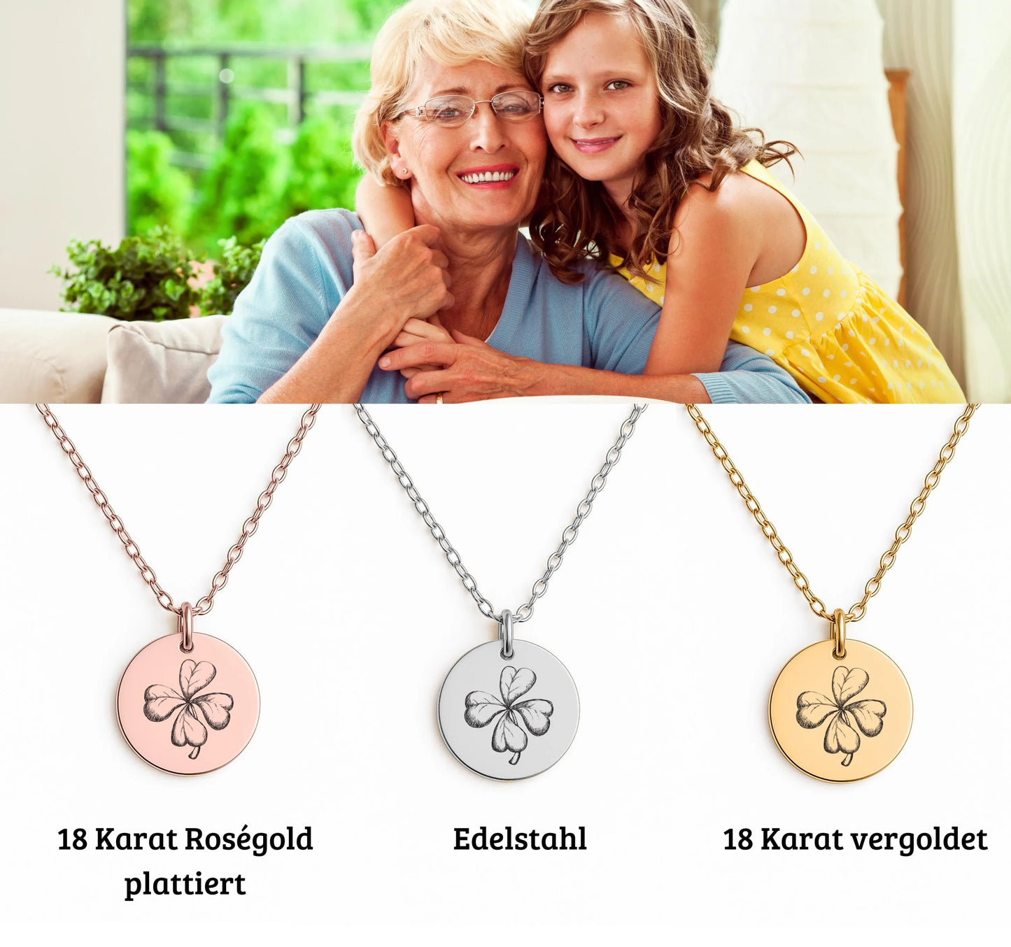 Personalisierte Kleeblatt-Halskette 18K vergoldet – Geschenk für Enkelin von Oma – Edelstahl, verstellbar 45 cm + 5 cm