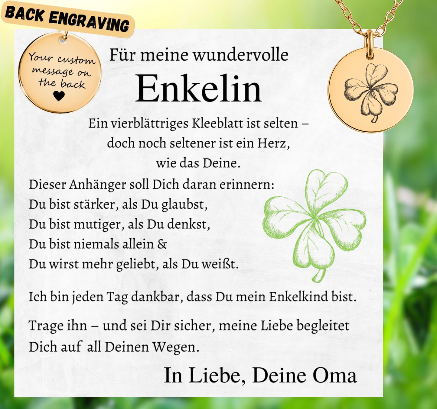 Personalisierte Kleeblatt-Halskette 18K vergoldet – Geschenk für Enkelin von Oma – Edelstahl, verstellbar 45 cm + 5 cm