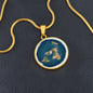 Runde, personalisierbare Halskette mit Alexander Gleason Karte der flachen Erde als Anhänger. Detailreiches Design mit Antarktis-Eisring. Perfektes Geschenk für Anhänger der Flache-Erde-Theorie oder als auffälliges Accessoire in Gold oder Silber.