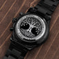 Wikinger Uhr Schwarz Yggdrasil mit Rune Eihwaz Chronograph Herrenuhr mit Baum des Lebens Gravur