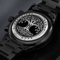 Wikinger Uhr Schwarz Yggdrasil mit Rune Hagalaz Chronograph Herrenuhr mit Baum des Lebens Gravur