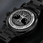Wikinger Uhr Schwarz Yggdrasil mit Rune Berkana Chronograph Herrenuhr mit Baum des Lebens Gravur