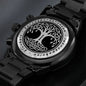 Wikinger Uhr Schwarz Yggdrasil mit Rune Isa Chronograph Herrenuhr mit Baum des Lebens Gravur