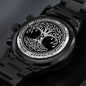Wikinger Uhr Schwarz Yggdrasil mit Rune Raidho Chronograph Herrenuhr mit Baum des Lebens Gravur