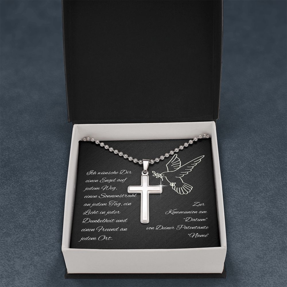 Kreuzkette zur Kommunion - Geschenk von Patentante personalisiert mit Name und Datum