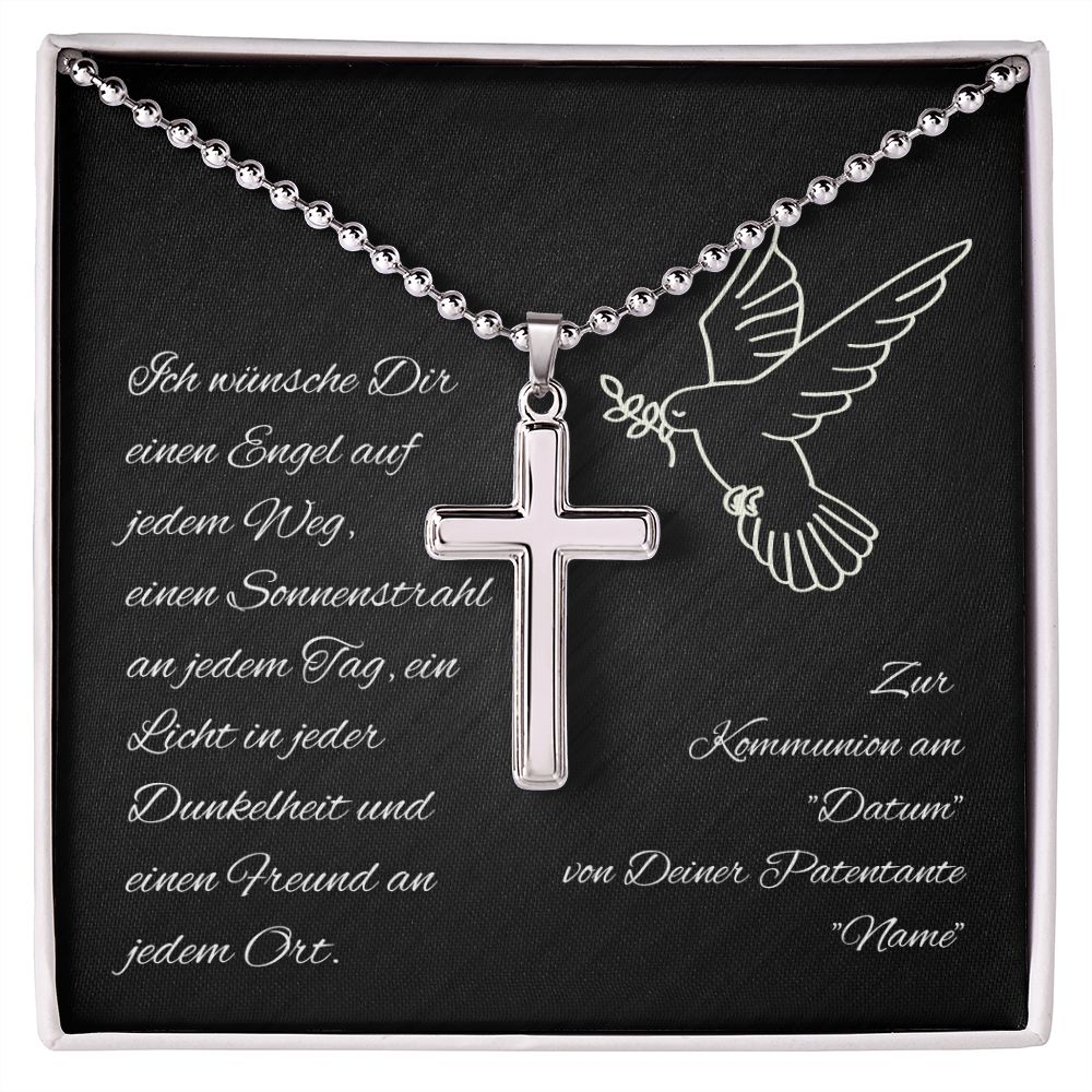 Kreuzkette zur Kommunion - Geschenk von Patentante personalisiert mit Name und Datum