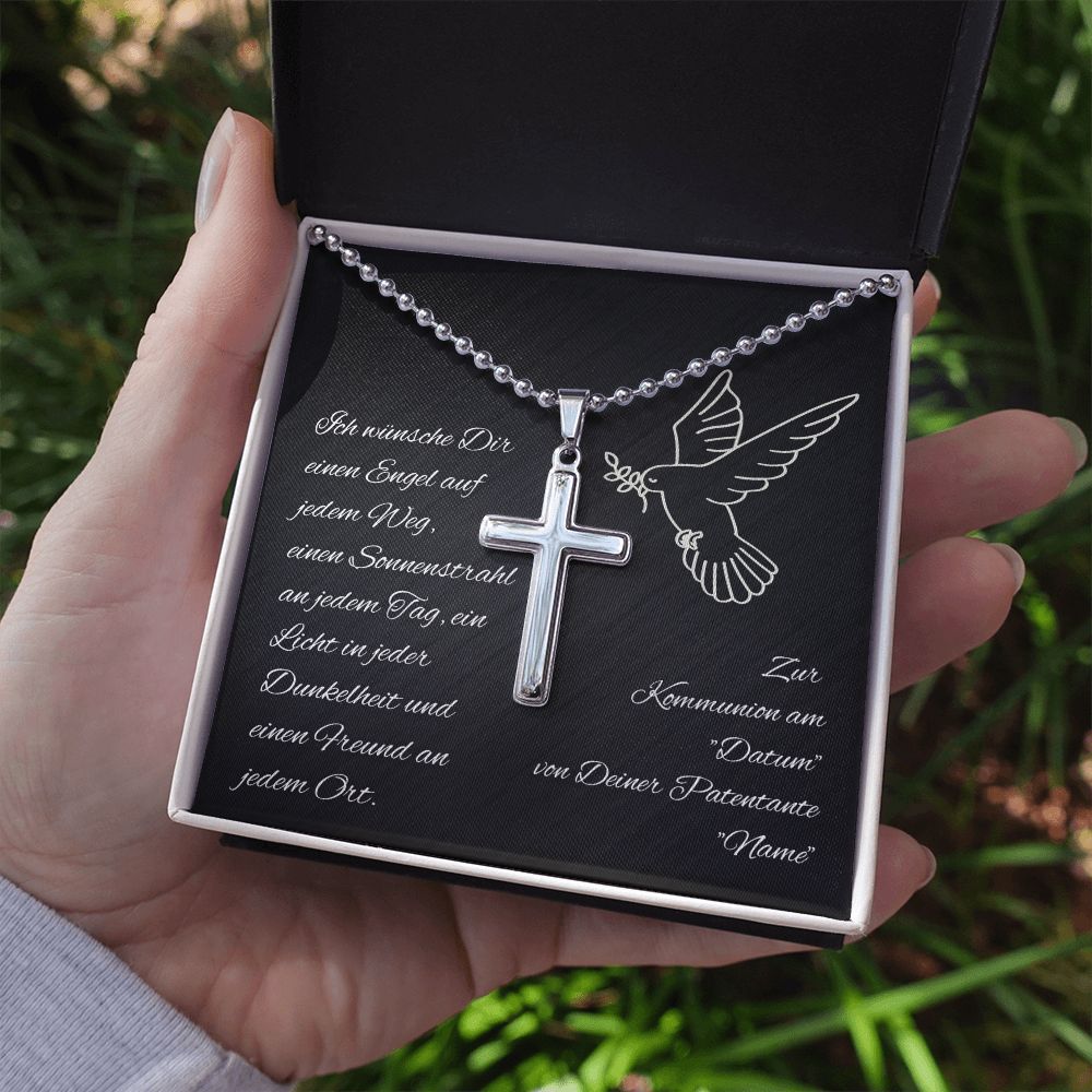 Kreuzkette zur Kommunion - Geschenk von Patentante personalisiert mit Name und Datum