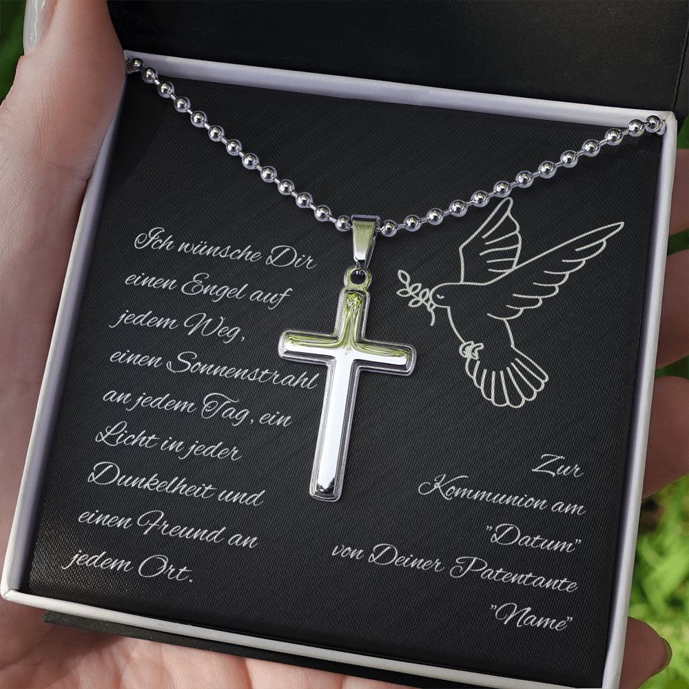 Kreuzkette zur Kommunion - Geschenk von Patentante personalisiert mit Name und Datum