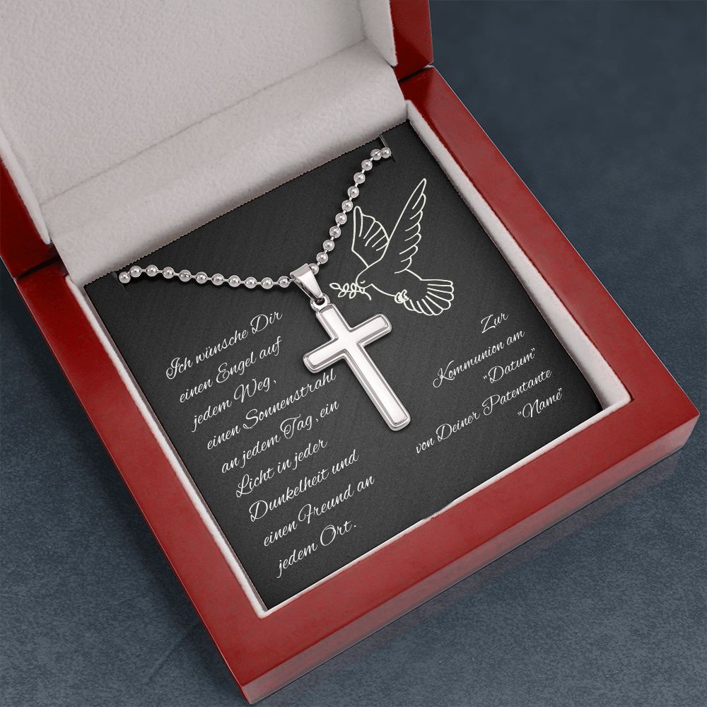 Kreuzkette zur Kommunion - Geschenk von Patentante personalisiert mit Name und Datum
