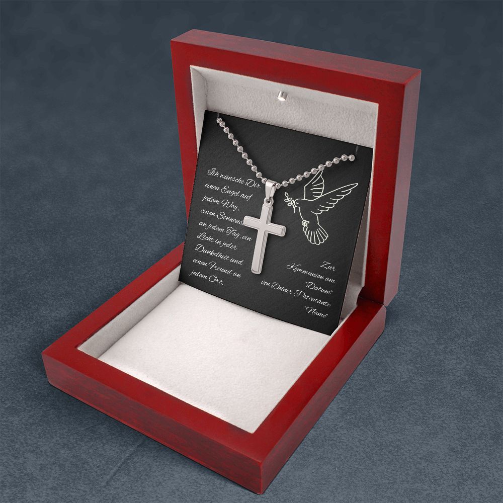 Kreuzkette zur Kommunion - Geschenk von Patentante personalisiert mit Name und Datum