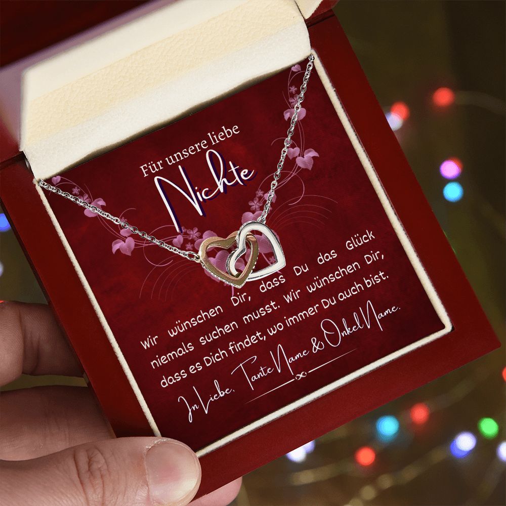 Nichte Kette personalisierbar verbundene Herzen, Halskette aus Edelstahl in Silber oder 18K vergoldet, Geburtstagsgeschenk