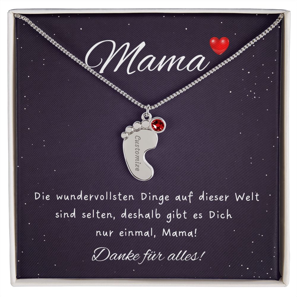 Muttertag Geschenk Halskette mit Babyfußanhänger, Geburtsstein und Name als Gravur