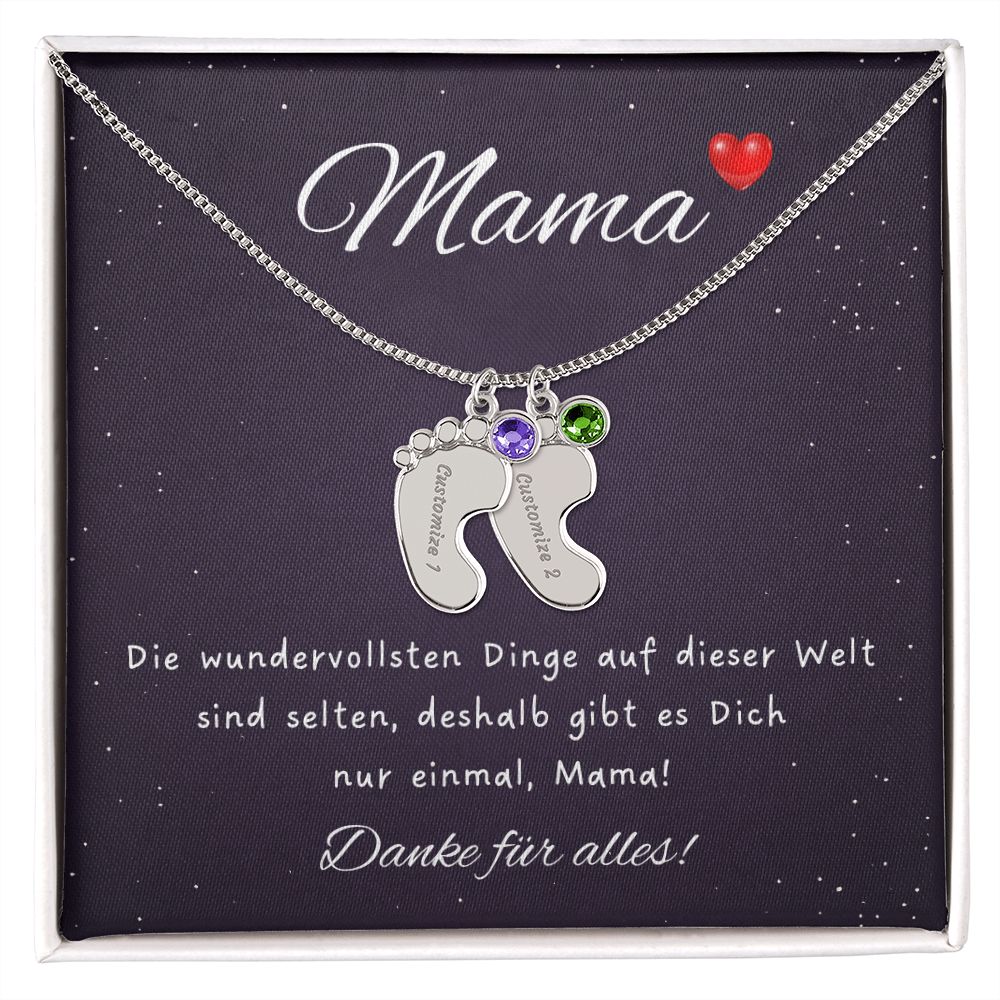 Muttertag Geschenk Halskette mit Babyfußanhänger, Geburtsstein und Name als Gravur