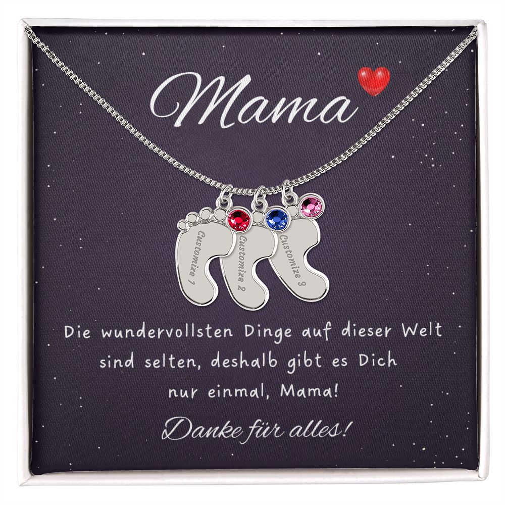 Muttertag Geschenk Halskette mit Babyfußanhänger, Geburtsstein und Name als Gravur