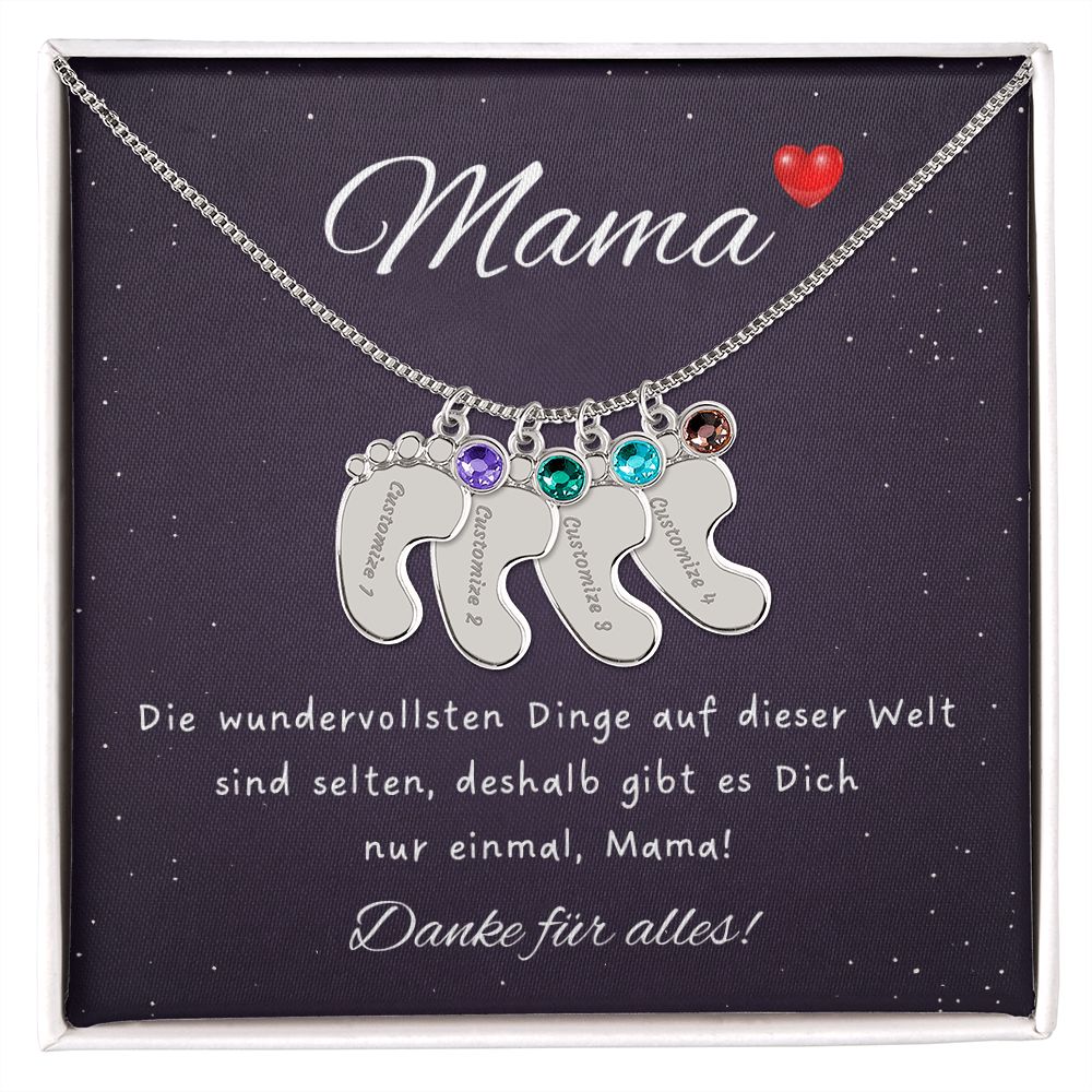 Muttertag Geschenk Halskette mit Babyfußanhänger, Geburtsstein und Name als Gravur