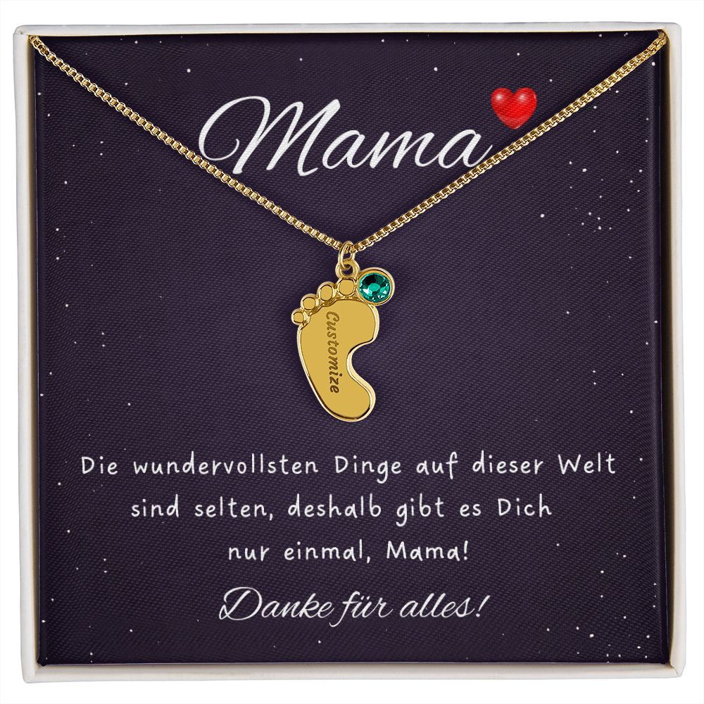 Muttertag Geschenk Halskette mit Babyfußanhänger, Geburtsstein und Name als Gravur