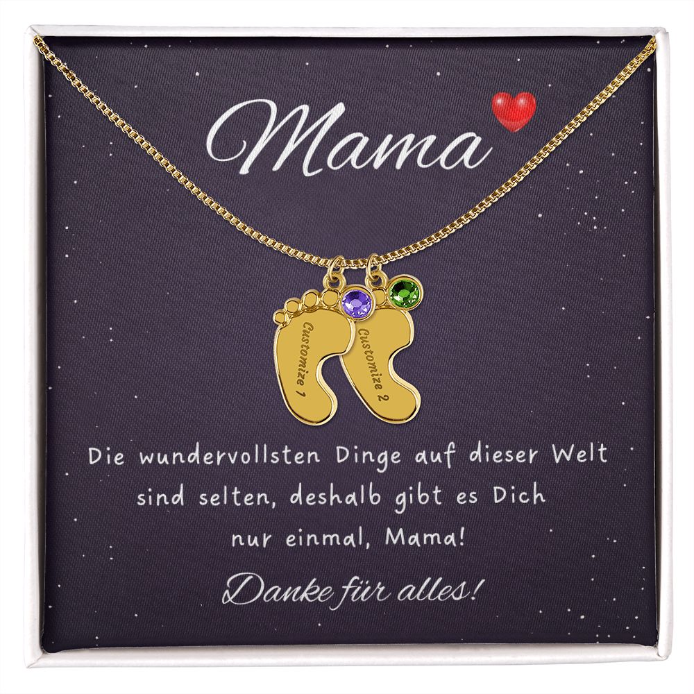 Muttertag Geschenk Halskette mit Babyfußanhänger, Geburtsstein und Name als Gravur