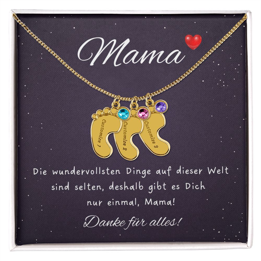 Muttertag Geschenk Halskette mit Babyfußanhänger, Geburtsstein und Name als Gravur