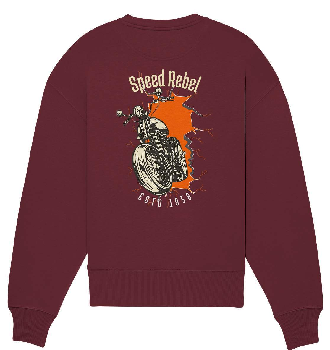 Speed Rebel ESTD 1958 - Biker und Chapter Rücken Motiv - Organic Oversize Sweatshirt-1958,ausfahrt,bike,biker,biker outfit,biker shirt,cafe racer,chapter kluft,chopper,dirt bike,fun,funny,lustig,moped,motocross,Motorrad,motorrad tour,motorsport,simson,Speed,Speed rebel,v2,zweirad