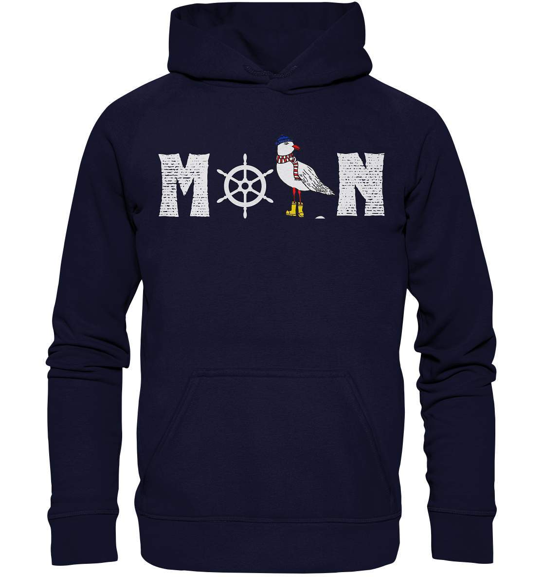 Moin mit Möwe und Steuerrad Nordsee Ostsee Maritim Style - Basic Unisex Hoodie XL-Maritim,Maritim Lifestyle,Maritim Style,Moin,Möwe,Möwe mit Mütze,Möwe mit Schal,Möwe mit Stiefel,Nordlicht,Nordsee,Ostsee,Ostseeurlaub,Steuerrad