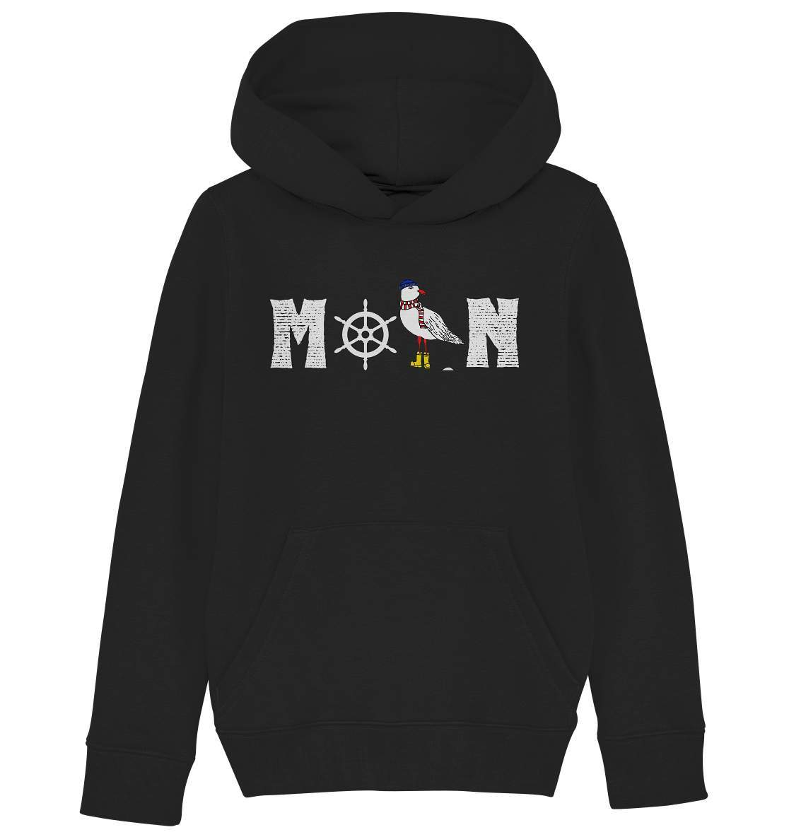 Moin mit Möwe und Steuerrad Nordsee Ostsee Maritim Style - Kids Organic Hoodie-Maritim,Maritim Lifestyle,Maritim Style,Moin,Möwe,Möwe mit Mütze,Möwe mit Schal,Möwe mit Stiefel,Nordlicht,Nordsee,Ostsee,Ostseeurlaub,Steuerrad