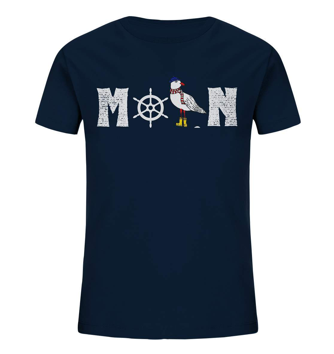Moin mit Möwe und Steuerrad Nordsee Ostsee Maritim Style - Kids Organic Shirt-Maritim,Maritim Lifestyle,Maritim Style,Moin,Möwe,Möwe mit Mütze,Möwe mit Schal,Möwe mit Stiefel,Nordlicht,Nordsee,Ostsee,Ostseeurlaub,Steuerrad